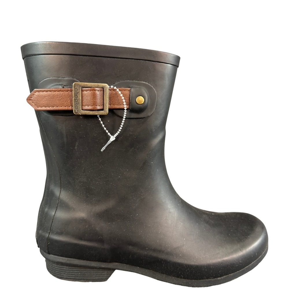 Chooka Womens Bainbridge Mid Rain Boots Black Waterproof Rubber Buckle Size 8